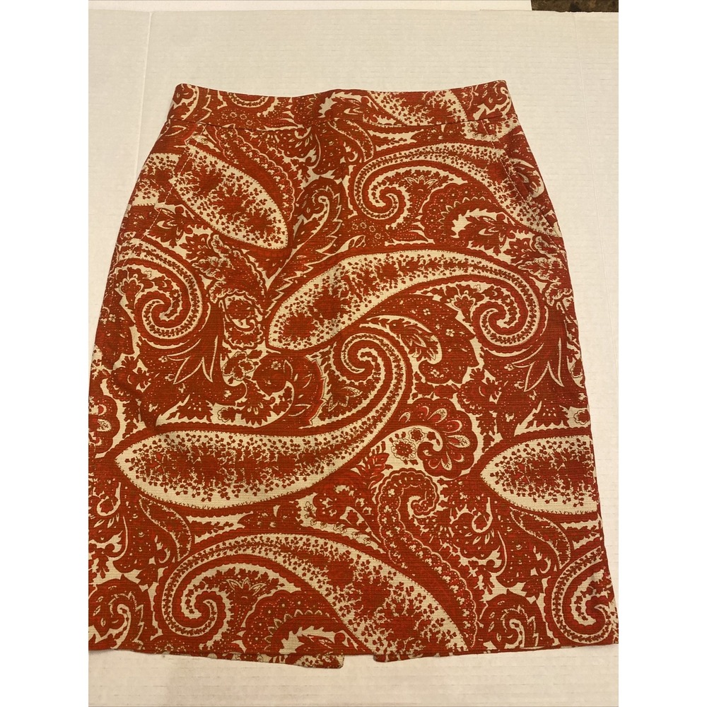 J. Crew sz 0 Paisley Patterned Orange Skirt Textured Fabric Pencil Lined fall
